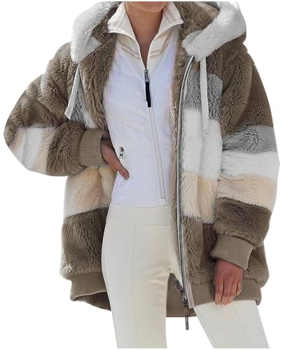 Zaswen Womens Long Sleeve Furry Faux Fleece Hooded Sherpa Jackets Full Zip Up Contrasting Thick Plush Coats with Pockets2