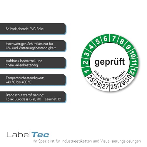 LabelTec Prüfplaketten geprüft nächster Prüftermin ⌀30mm Prüfaufkleber 2025-2030 Prüfetiketten Vinyl Aufkleber Plaketten Folie selbstklebend wasserfest LTB010 (100)