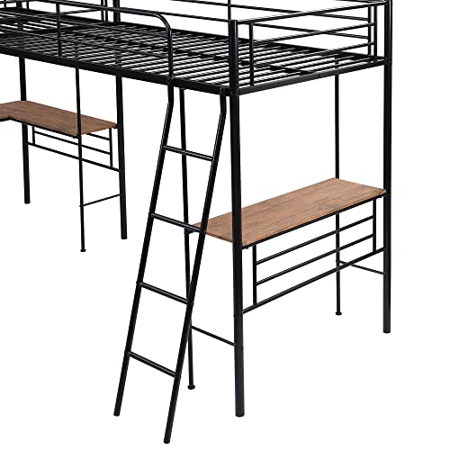 Aty Twin Size Metal Loft Bed With Two Built-In Desks, Sturdy L-Shape Bedframe W/ 2 Ladders, For Kids Boys Girls Teens, Save Space & No Spring Required, Black #TOP5