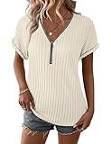 Koscacy Ladies Tops t-Shirt Zipper Short Sleeve Summer Tunic Clothes Womens Casual Knit Tee Office Blouses Apricot L