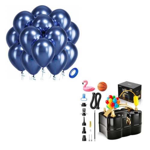 Image of Metallic Navy Blue Latex Party Balloons - 100 Pack 12 inch Round Helium Chrome Navy Blue Balloons and Electric Balloon Pump