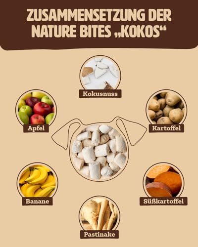 petifool Nature Bites Kokos | natürlicher Hundesnack | Kokos, Banane und Apfel | Ohne künstliche Zusätze | Getreidefrei | Vegan | 200g | Aus Deutscher Herstellung