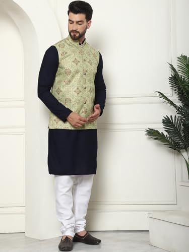 Image of SOJANYA (Since 1958 Men's Cotton Linen Maroon Kurta and White Pyjama with Mustard Cotton Nehru Jacket
