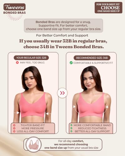 Image of Tweens Cotton Padded Bonded Bra for Women | Full Coverage Wire-Free Bra | Seamless No-Dig Comfort | Breathable Cotton | Elastic-Free Bottom Band & Side Wings | Pack of 1|