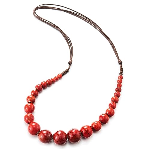 COOLSTEELANDBEYOND Rojo Perla Collar, Statement Collar Journey Cerámico Cuentas Cadena de Perlas, Algodón Cuerda Ajustable