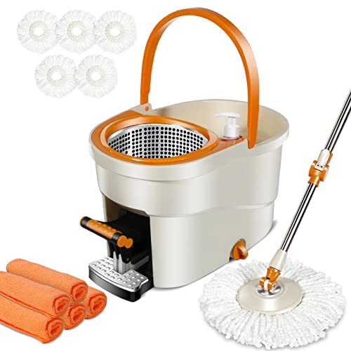 ZNM Wischmopp Set mit Eimer, Mikrofaser Bodenwischer mit Fußpedal, 145cm Edelstahlgriff und Putzeimer, Flach Mopp für Reinigung Fliesen, Laminat, Hartholz, Senden 5 Moppköpf Cover