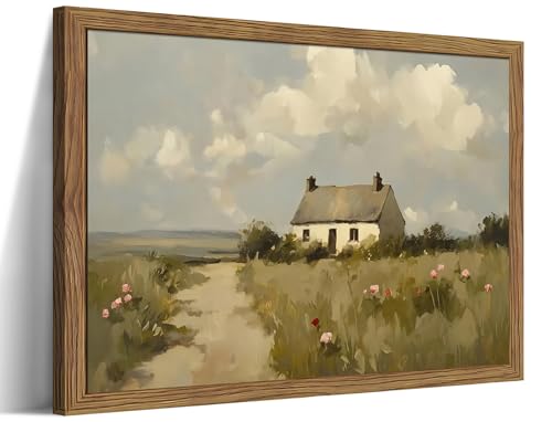 Vintage Wall Art, Framed English Countryside Cottage Painting Print, Country Farmhouse Canvas Wall Art, Rustic Landscape Pictures Artwork Wall Decor for Bedroom Living Room – 8x10 inch