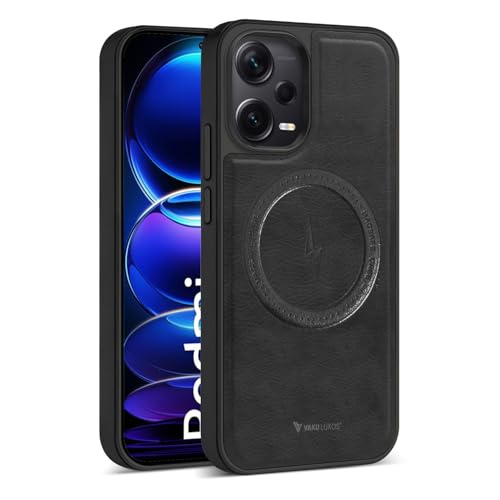 Image of Vaku Luxos Maxtron Back Cover Case for Xiaomi Redmi Note 12 Pro Leather Stitched Magnetic Magsafe TPU Shockproof Case Camera Screen Protector- Black