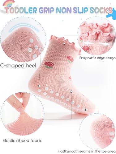 Image of Baby Toddler Girls Socks Grip Ruffle Non Slip Kids Cotton 12 Pack Socks | PREMIUM soft COTTON,full anti-slip grips,6month-7t grippy crew socks for girls,daily school all season wear,cute ruffle