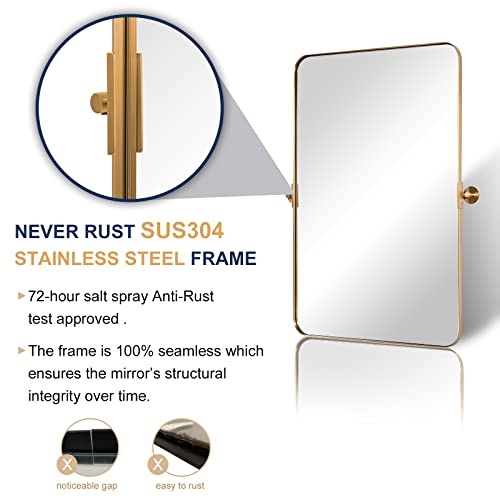 Moon Mirror 22" X 30" Brushed Gold Metal Framed Pivot Rectangle Bathroom Mirror For Wall Mounted, Tilting Rounded Corner Rectangular Vanity Mirror Hangs Vertical Only #TOP2