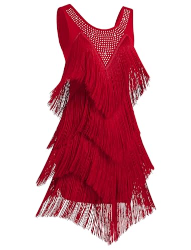 FYMNSI Damen Latein Salsa Tanzkleid Ärmellos Fransenkleid Strass Quaste 1920er Jahre Flapper Kleid Cocktailkleid Ballroom Ballkleid Abendkleid...