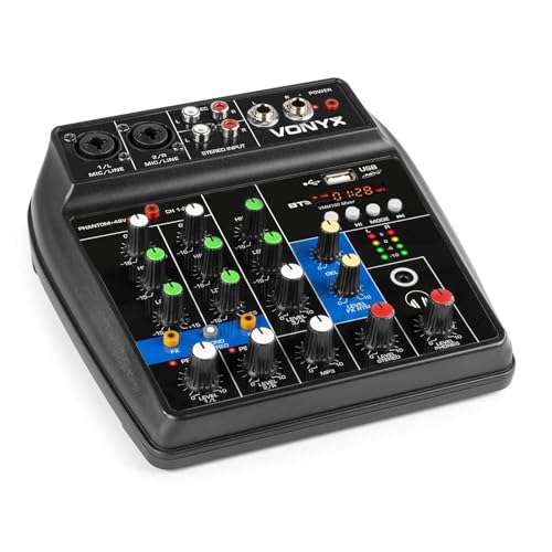 Vonyx VMM100 Table de Mixage DJ 4 Canaux - Avec Récepteur Bluetooth, Affichage LED, Lecteur USB, Entrées Micros, Sortie Casque et RCA, Alimentation Fantôme...