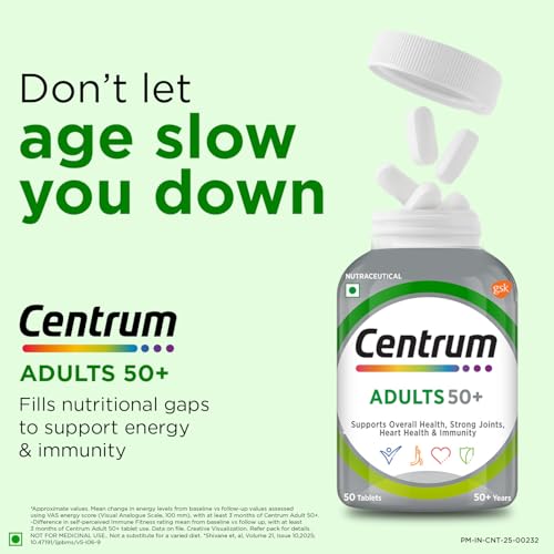 Image of Centrum Adults 50+ Multivitamin Tablet for Men & Women|With 23 Vital Nutrients including Zinc,Magnesium, Vitamin B,C,D, Calcium for Energy, Strong Joints, Immunity and Heart Health|Veg - 50 tablets