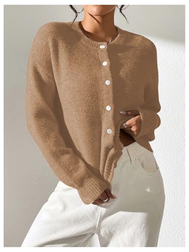 Image of SweatyRocks Women's Fall Button Down Lightweight Cardigan Ribbed Knit Long Sleeve Crew Neck Sweater