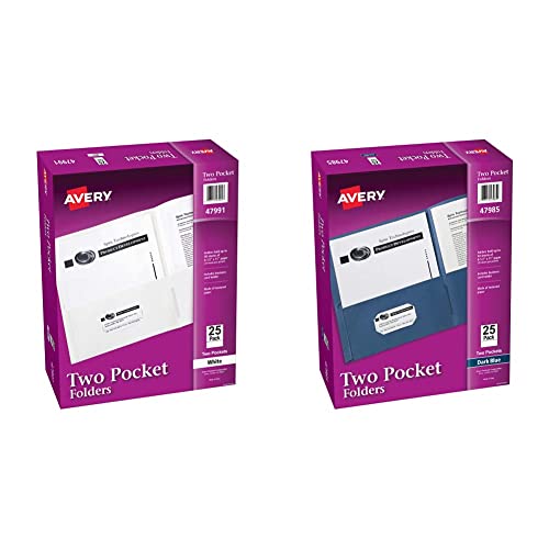 Avery Two Pocket Folders, Holds Up To 40 Sheets, Business Card Slot, 25 White Folders (47991) & Two Pocket Folders, Holds Up To 40 Sheets, Business Card Slot, 25 Dark Blue Folders (47985) #TOP8
