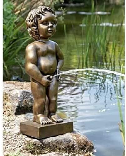 Belgium Boy Manneken PIS Pond Statue Spitter Fountain Water Feature Gold Color Stands 24 Inch Tall, Water Garden Ponds, Polyresin Waterscape Sculpture