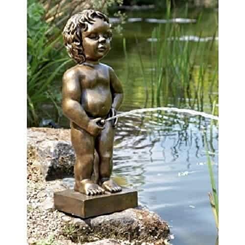 Belgium Boy Manneken Pis Pond Statue Spitter Fountain Water Feature Gold Color Stands 24 Inch Tall, Water Garden Ponds, Polyresin Waterscape Sculpture #TOP26