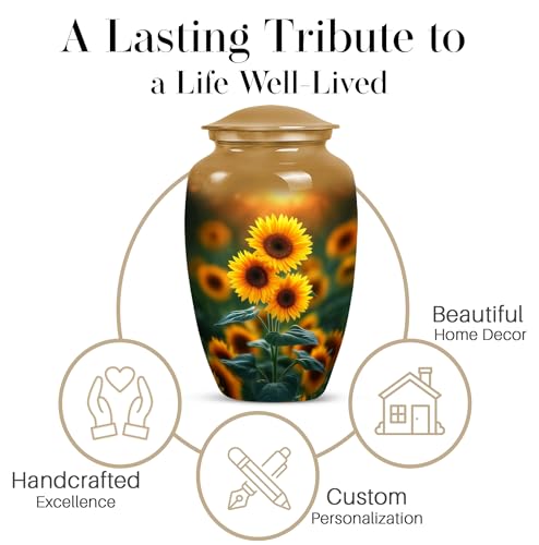 Image of Yellow Sunflower Urns for Human Ashes Male - Burial Urns for Ashes for Women - Large Urn Sunflower for Human Adult Mom and Dad - Large Cremation Urn for Mother and Father 10inch