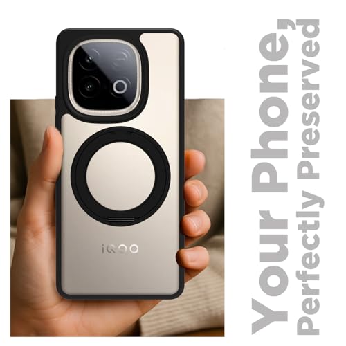 Image of RIGGEAR Shockproof Sleek Hybrid Armor 360 Rotating Magnetic Ring Stand Back Cover Case Compatible with MagSafe Accessories for iQOO Neo 10 5G (Clear PC + Black TPU Bumper)
