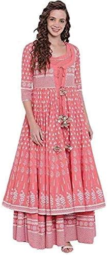 Gaba Women's Rayon Anarkali Kurti with Beautiful Work Lace with Lutkun Shrug Peach