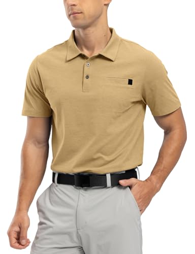 Rdruko Mens Polo Shirts Short Sleeve Breathable Quick Dry Tennis Golf Tops Casual Smart Work T Shirts with Pocket Khaki L