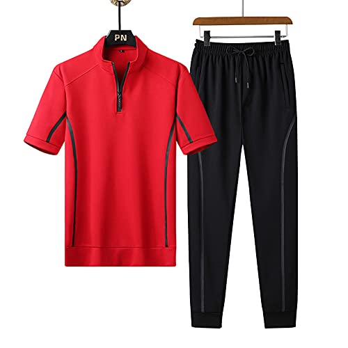qingyuan Men's Casual Suit Two-Piece Men's Sportswear Stand-up Collar Loose Breathable Trend Short Sleeves with Handsome Men's Clothing red 5XL-picture-36