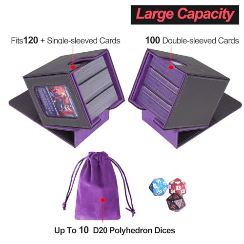 AFIING MTG Deck Box for Commander Display,Card Deck Box Fits 100 Double Sleeved Cards, Magic Commander TCG Card Storage Box with 2 Dividers,Drawstring Bag and 1 Toploader(Black/Purple)