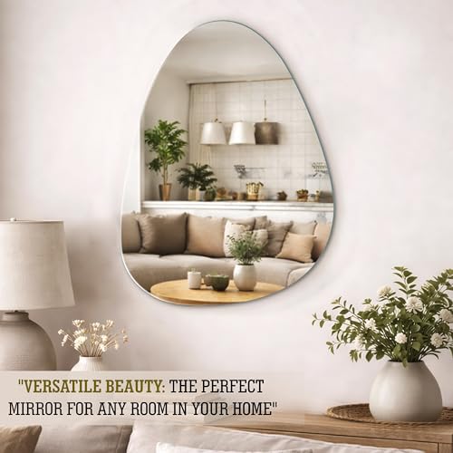 Image of Rousrie Frameless Wall Mirror for Bathroom, Glass, Modern, Clear, Rectangle, 60 x 45 Centimeters, Wall Mount (1, Wavy)