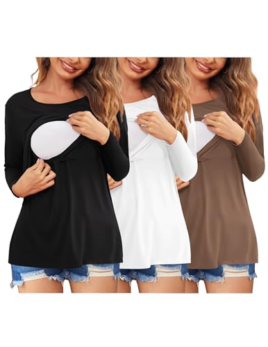 Image of Ekouaer Women 3 Packs Nursing Shirts Long Sleeve Breastfeeding Tops Round Neck Postpartum Clothes Double Layer Maternity Tee