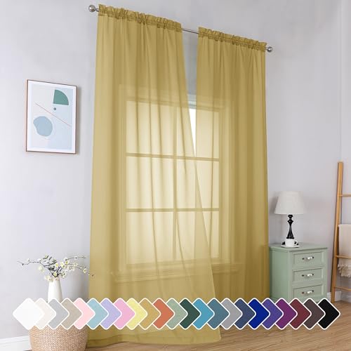 Image of Simplebrand Gold Sheer Curtains 96 Inches Long 2 Panels, Light Filtering Rod Pocket Solid Color Window Sheer Curtain Panels, Elegant Curtains & Drapes for Living Room, Bedroom, 42 inch W x 96 inch L