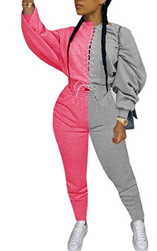 Fall Lace up Outfits Women - Long Sleeve Pullover Sweatshirt and Bodycon Long Pants 2 Piece Sports Sets Tracksuit Clubwear Grey Pink 2X