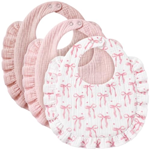 Image of Mindsoft 3-pack Muslin Baby Bibs for Girls, 100% Soft Cotton, Pink Bow