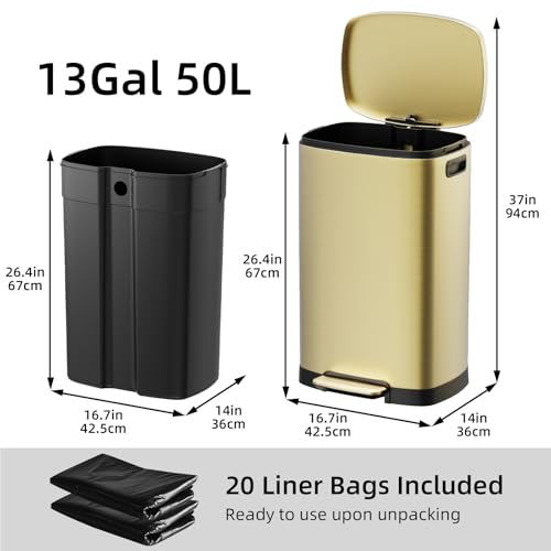 Image of KUK 13 Gallon Kitchen Trash Can with Lid, 50L /13Gal Office Step Garbage Can for Home, Kitchen, Laundry Room, Office, Gold