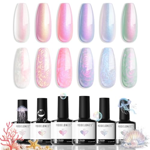 Modelones UV Nagellack 6 Farben Pastell Rosa Weiß Pearl Effect Gel Nagellack UV mit Stick den Kreis zeichnen für Frühling Sommer