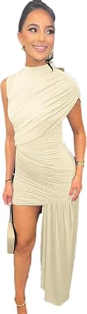 RanRui 2026 Autumn & Winter Womens Slim Fit Round Neck Ruffled Bodice Asymmetrical Sleeveless Dress
