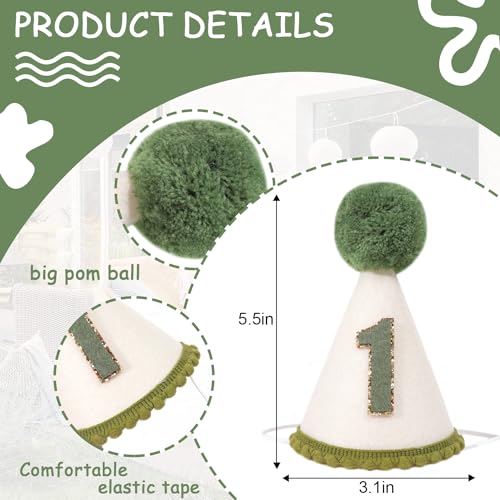 Wild One Green 1st Birthday Cone Hat - Greenery First Birthday Party Hat for Baby Boys,Olive 1st Birthday Party Crown. (Green and Linen 1st Birthday Party Crown)