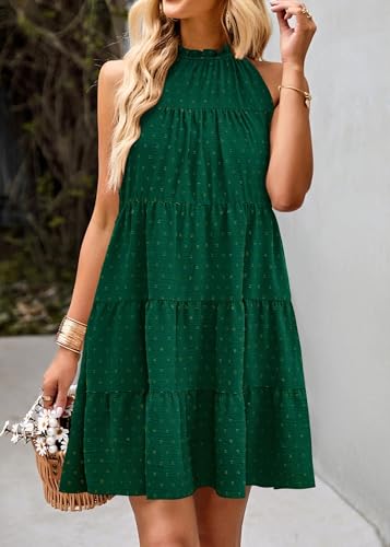 Image of KIRUNDO Summer Sundresses for Women Halter Dress Babydoll | Spring Sleeveless Halter Top, Flowy Tiered Pleated, Western Cute Country Concert, Beach Wedding Guest Vacation Cruise Dress