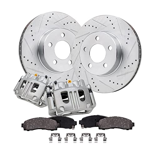 Image of Detroit Axle - 4WD Front Brake Kit for 2003-2011 Ford Ranger, 2001-2002 | Explorer Sport Trac, 2003-2009 B4000, Drilled & Slotted Disc Brake Rotors Ceramic Brake Pads Brake Calipers Replacement