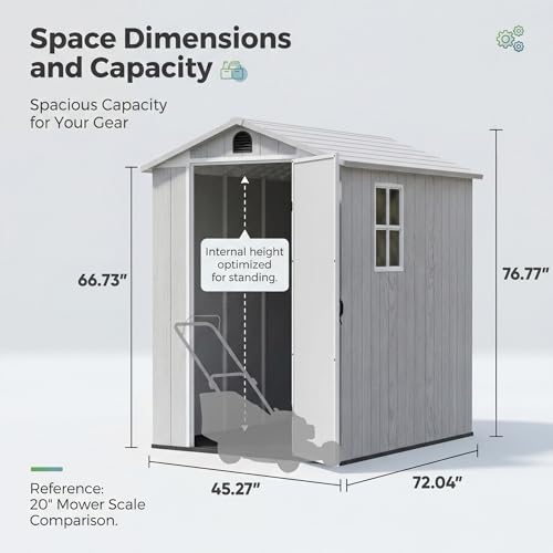 Image of Devoko 4x6 FT Resin Storage Sheds with Floor, Plastic Outdoor Tool Shed with Windows, Waterproof Outside Sheds and Lockable Doors for Backyard Lawn Garden, Light Gray