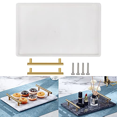 Silicone Resin Tray Mold Rectangle Tray Mold Epoxy Resin Mold with 2pcs Gold Metal Handles for Epoxy Resin Casting