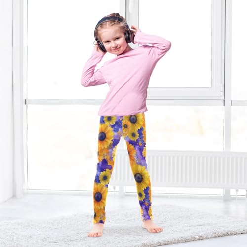 Blue Purple Sunflower Flower Girls Leggings Ultra Soft Compression Yoga Gym Pants for Kids 4-10T4