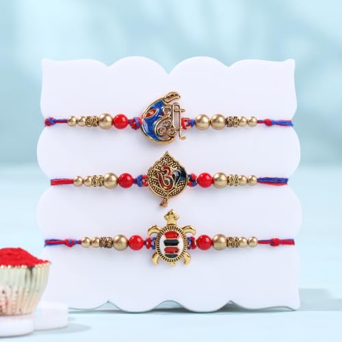 Image of FlowerAura Rakhi For Brother With Dry Fruit - Set Of 3 Stones Rakhi With Kalimirch Cashew, BBQ Almonds & Roli Chawal Tikka - Festive Hamper Gift For Brother | Bhai | Cousin | Rakshabandhan Gift