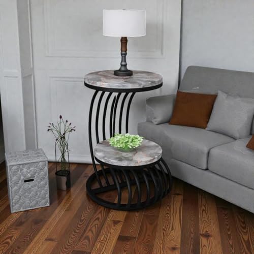 Image of Farmhouse Accent Coffee Table Simple Bedside Cabinet Small Round Table MDF Top Metal Table Living Room Sofa (Black Grey)