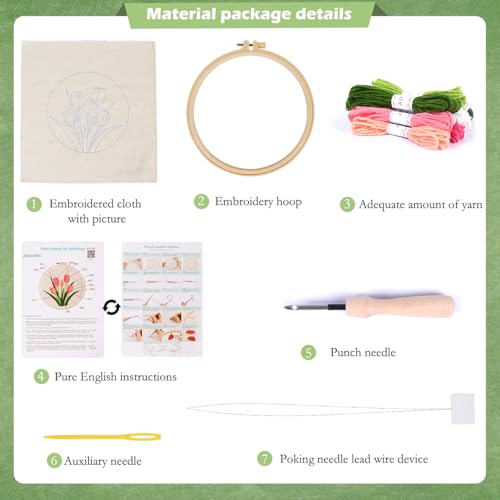 Image of KESTAR Punch Needle Embroidery Starter Kits, Pink Tulip Flower Punch Needle Kits for Adults Beginner, Needle Punch Kit Tool with Instruction Threader Fabric Yarns and Hoop