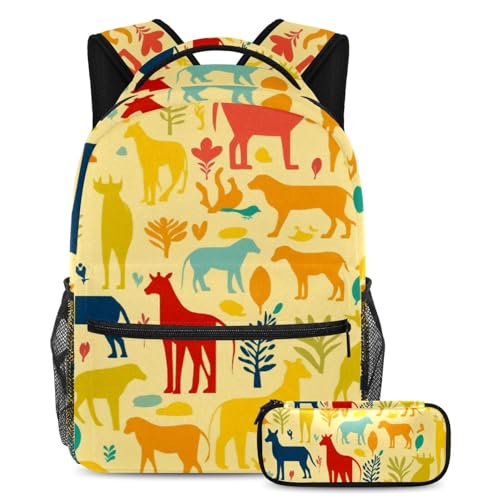 Cartables multicolores à motif silhouette d'animal jaune | Ensemble de 2 sacs à dos de jour tendances