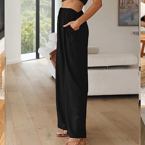 Image of Duyang Womens Cotton Linen Palazzo Pants Drawstring Elastic Waist Casual Wide Leg Trousers with Pockets