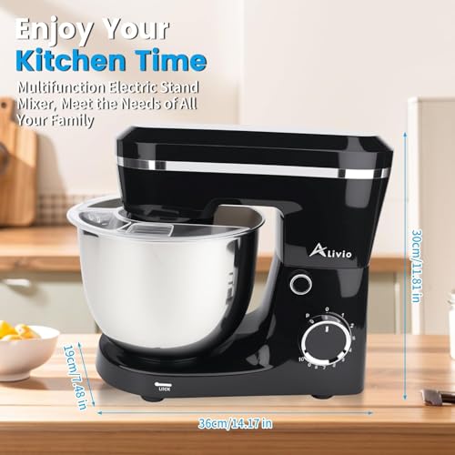 Alivio 5L Stand Mixer 1500W Heavy Duty Kitchen Mixer, 10+ Speed Control with Pulse, Electric Food Mixer with Dough Hook, Flat Beater & Whisk, Stainless Steel Bowl for Baking & Kneading (Black) - Image 3