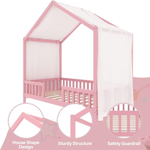 Image of Twin Size Wood House-Shape Platform Bed with Roof Frame and Canopy, Montessori Floor Bed with High Railings and Slat Support for Kids Girls Boys, No Box Spring Needed (Pink-05, Twin)