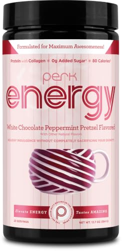 Image of Perk Energy Drink Mix (White Chocolate Peppermint Pretzel) 20 Servings | Caffeinated Healthy Coffee Alternative with Protein, 100mg of Caffeine, Gluten-Free, Soy-Free, Peanut-Free
