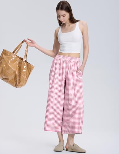 Image of LOMON Womens Wide Leg Capri Pants Gingham Plaid Culottes Summer Elastic Waist Palazzo Trousers Bottoms with Pockets